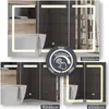 Collage of bathroom mirror cabinets with integrated LED lighting, showing different sizes and lighting options. Podgląd zdjęcia produktu
