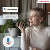 A woman is holding a remote and speaking to a smart TV, with Google Assistant voice prompts displayed. Produktbild-Vorschau