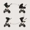 Four images of a black and gold stroller in different configurations, connected by arrows indicating a transformation sequence. Produktbild-Vorschau