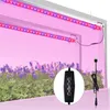 Two LED grow light strips illuminate a planter filled with green plants and purple flowers. A dimmer control is shown in the foreground. Produktbild-Vorschau