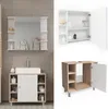 A collage of bathroom furniture, including a vanity with a sink, a medicine cabinet, and a separate cabinet base. Podgląd zdjęcia produktu