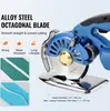 A close-up marketing image of an electric fabric cutter, highlighting its features and specifications. Voir les images du produit