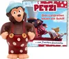 A toy monkey figure in front of a book cover featuring cartoon characters and text. Produktbild-Vorschau