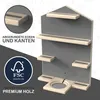 A 3D rendering of a wall-mounted shelf unit designed for Toniebox and Tonies, with text overlays highlighting features and certifications. Produktbild-Vorschau