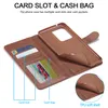 A brown leather phone case is shown open, displaying its card slots and cash pocket. The phone holder part is detached and shown separately. Produktbild-Vorschau