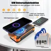A power bank is shown charging a smartphone wirelessly, with another smartphone being charged via cable. There are also cables and icons indicating compatibility with various devices. Produktbild-Vorschau