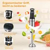 A hand blender is shown surrounded by splashing milk and various fruits and vegetables, with close-up insets highlighting its features. Produktbild-Vorschau