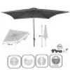 A diagram and marketing image of a gray patio umbrella, showing its dimensions and features. Produktbild-Vorschau