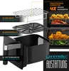 Diagram showing accessories for an air fryer and an illustration of food being cooked in multiple layers. Produktbild-Vorschau