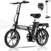 A black folding electric bicycle is shown against a white background, with accessories like a lock and pump displayed separately. Voir les images du produit