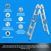 A product image of a silver and blue telescopic ladder against a blue background, with various feature callouts and text descriptions. Produktbild-Vorschau
