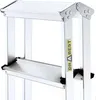 Close-up view of the top section of a silver aluminum ladder, showing a step and the top platform with a roof-like structure. Produktbild-Vorschau