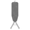 A grey ironing board with a patterned cover and a hanging hook, standing on its legs. Podgląd zdjęcia produktu