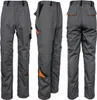 Three views of a pair of gray work pants with orange and black accents. Produktbild-Vorschau