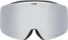 A pair of ski goggles with a silver mirrored lens and black frame. Produktbild-Vorschau