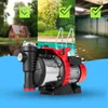 A water pump is shown in the foreground, with three different scenes in the background: a house by a pond, a swimming pool, and a fountain in a basement. Each background scene has a green checkmark overlay. Podgląd zdjęcia produktu