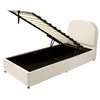 A beige upholstered bed frame with the mattress support lifted to reveal the storage compartment underneath. Produktbild-Vorschau