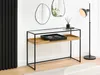 A console table with a glass top and wooden shelf, placed against a white wall with decorative mirrors and a floor lamp. Podgląd zdjęcia produktu