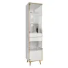 A tall, narrow white display cabinet with glass doors and gold accents, standing on angled gold legs. Produktbild-Vorschau