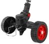 Close-up view of the wheels and motor housing of a black and red electric garden tool. Podgląd zdjęcia produktu
