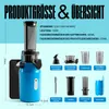 A blue slow juicer is shown with various accessories and product specifications laid out. Produktbild-Vorschau