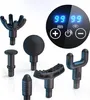 A collection of massage gun attachments and a digital display unit are arranged on a white background. Produktbild-Vorschau