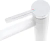 A close-up view of a modern white faucet with a chrome lever. Produktbild-Vorschau