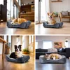 A collage of four images showing different dogs and cats resting in a gray pet bed in various home settings. Produktbild-Vorschau