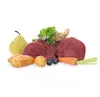 A collection of raw ingredients including meat, vegetables, and fruit, arranged on a white background. Produktbild-Vorschau