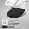 A close-up of a black kitchen appliance accessory placed on a grey surface, with informational graphics and text on the side. Produktbild-Vorschau
