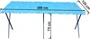 A blue folding table with dimensions indicated by measurement lines and text. Produktbild-Vorschau