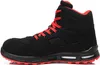 A side view of a black and red work boot against a white background. Produktbild-Vorschau