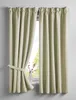 Two beige curtains are shown hanging in front of a window. One curtain is partially open, revealing a vase with flowers and greenery outside. The other curtain is closed. Produktbild-Vorschau