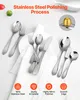 A collection of stainless steel cutlery arranged on a white cloth, with text overlays highlighting product features. Produktbild-Vorschau