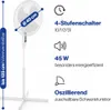 A white stand fan with various features highlighted by text and icons. Podgląd zdjęcia produktu