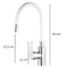 A white flexible kitchen faucet with chrome accents, shown with measurement indicators. Produktbild-Vorschau
