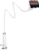 A white flexible gooseneck phone holder with a clamp base and a smartphone attached. Podgląd zdjęcia produktu