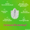 A close-up of a white toilet brush head with descriptive text overlays highlighting its features. Produktbild-Vorschau