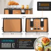 Collage showing a copper toaster from different angles, including close-ups of its features and a serving suggestion. Voir les images du produit