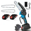 A collection of items for a mini chainsaw kit, including the chainsaw, batteries, charger, chains, gloves, and a screwdriver, laid out on a white background. Produktbild-Vorschau