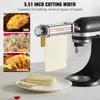 A pasta maker attachment for a stand mixer is shown, with examples of food items that can be made using it. Produktbild-Vorschau