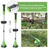 Collage of images showing a cordless grass trimmer, its features, and its use in a garden. Podgląd zdjęcia produktu
