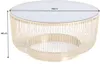 A round coffee table with a gold wire frame and a glass top, with dimensions indicated. Produktbild-Vorschau