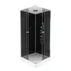 A modern, enclosed shower cabin with black glass panels and silver fixtures, set against a white background. Produktbild-Vorschau