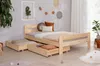 A bedroom scene with a wooden bed frame, two pull-out drawers, and decorative elements. Produktbild-Vorschau