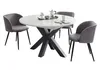 A round dining table with four chairs, set against a white background. Produktbild-Vorschau