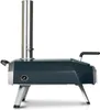 A dark gray outdoor pizza oven with a silver chimney and silver legs against a white background. Produktbild-Vorschau
