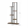 A tall, multi-tiered shelf unit with a rustic wood finish and black metal frame, shown against a white background with dimension labels. Náhled obrázku produktu