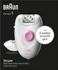 A close-up marketing image of a Braun Silk-épil 1 epilator against a black background, highlighting its features and benefits. Produktbild-Vorschau