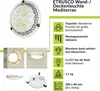 A collage of images showing a ceiling light, its features, and dimensions. Produktbild-Vorschau
